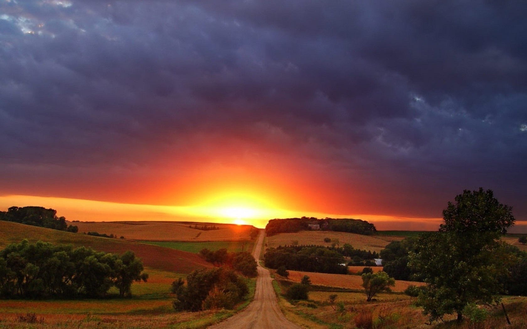 sunrise, fields, river, grass, sun, sky, road