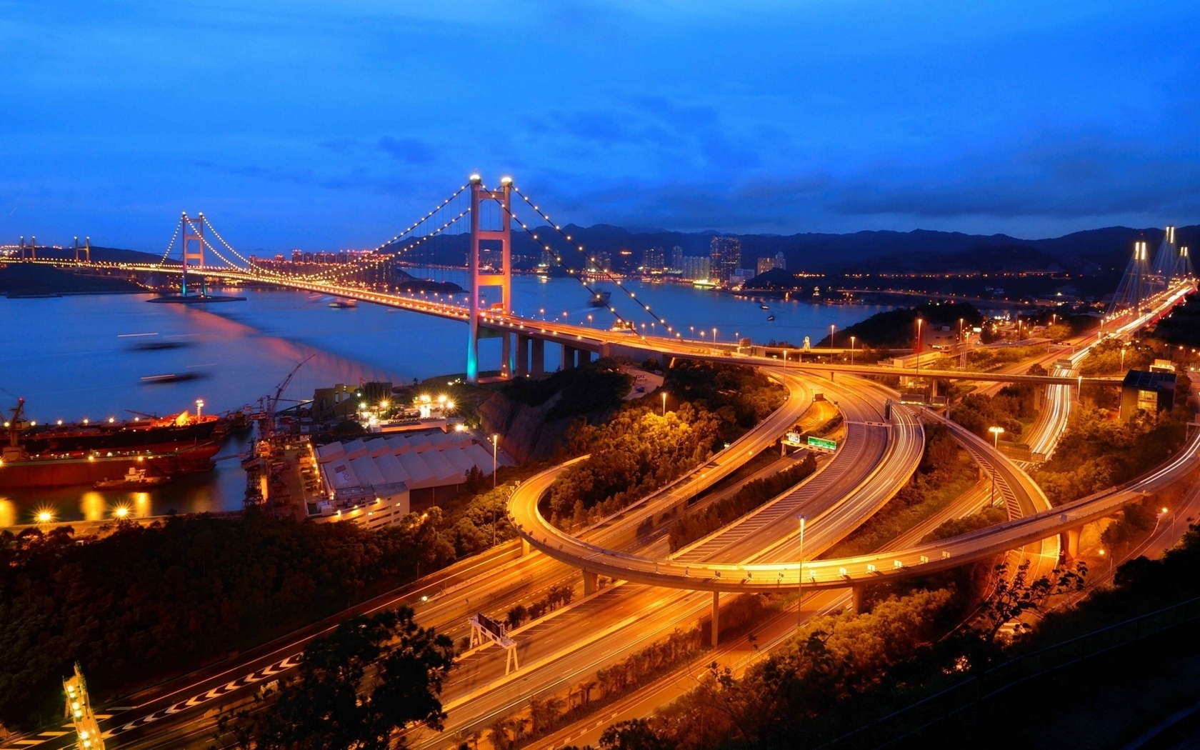 hong kong, city, river, light, building, bridge