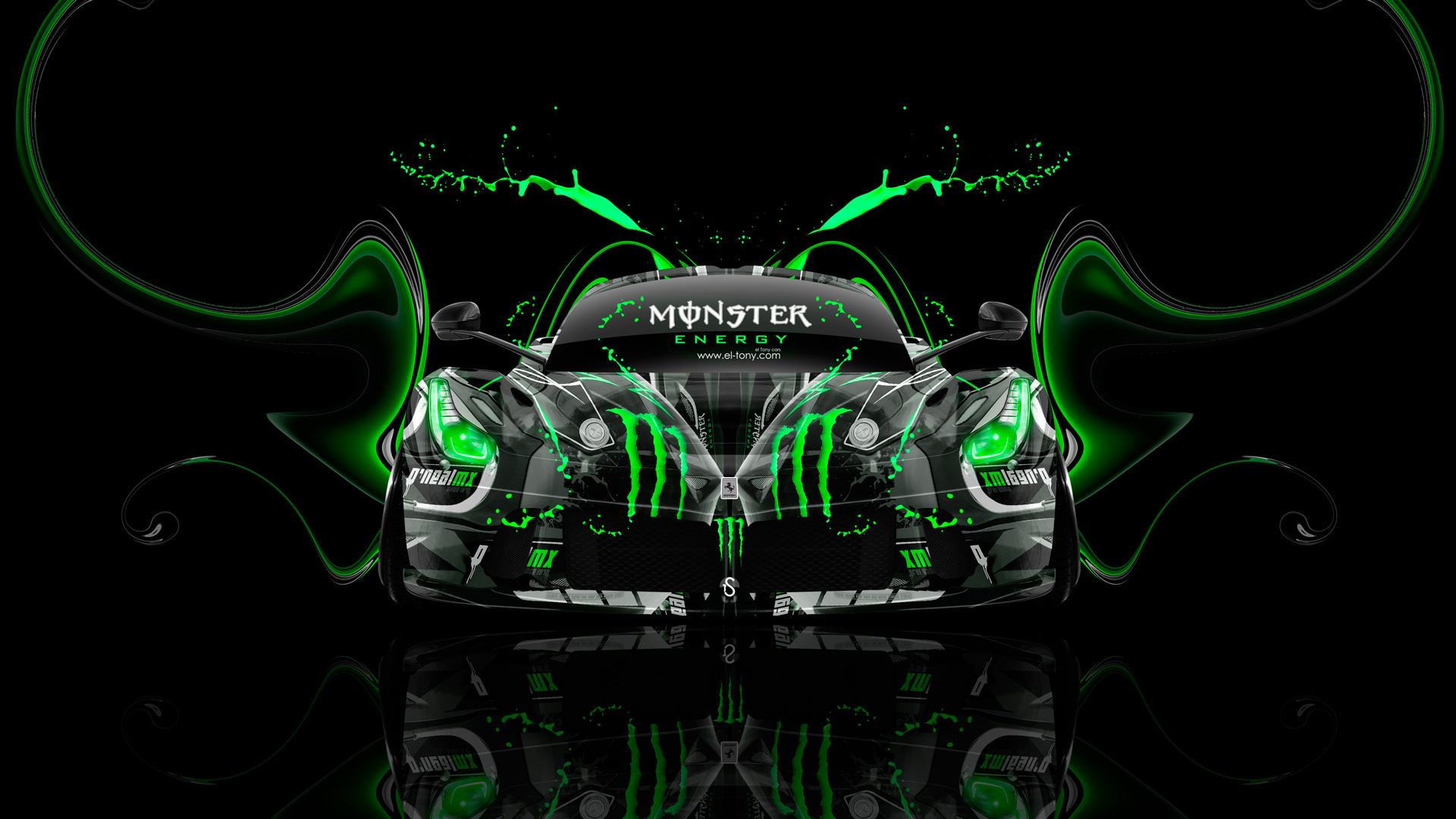 tony kokhan, ferrari, laferrari, monster energy, front, super, plastic, acid, drink, car, aerography, green, neon, effects, hybrid, el tony cars, photoshop, hd wallpapers, design, art, style,  , , ,  , , 