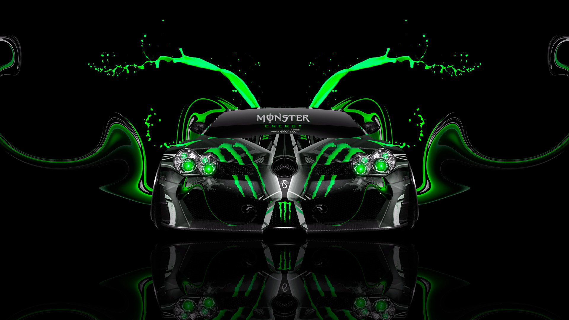 tony kokhan, monster energy, mercedes-benz, slr, mclaren, mansory, front, plastic, car, aerography, green, acid, effects, black, el tony cars, photoshop, hd wallpapers, tuning, design, art, style,  , ,  , , -