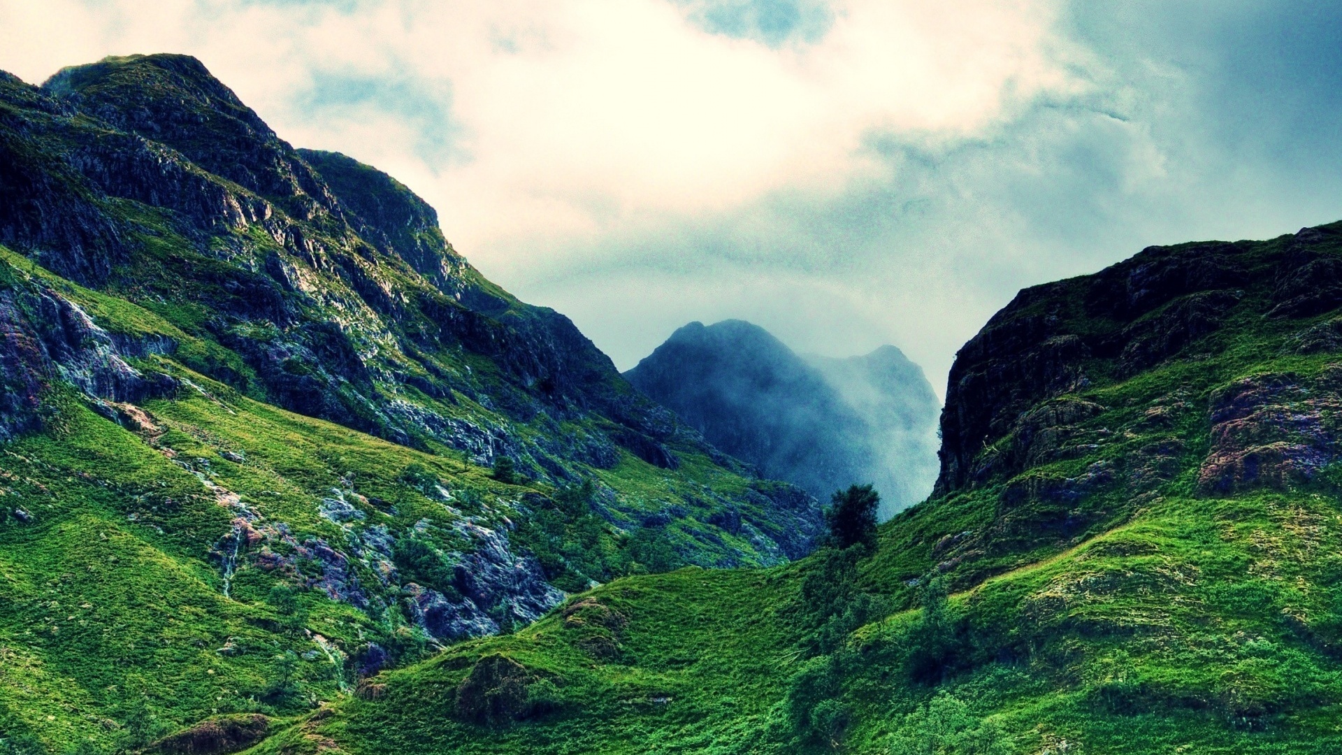 mountain, forest, trees, clouds, sky, green