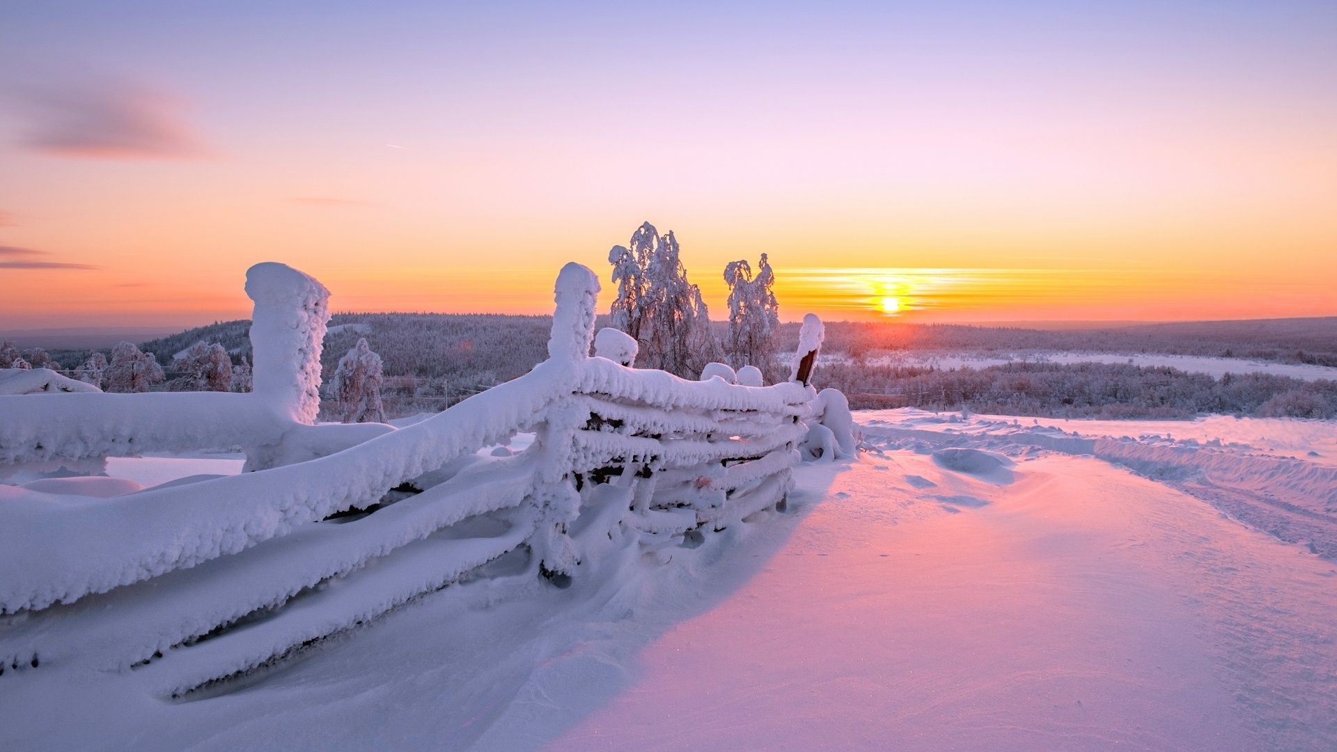 winter, mountain, snow, trees, road, sun, sky, blue