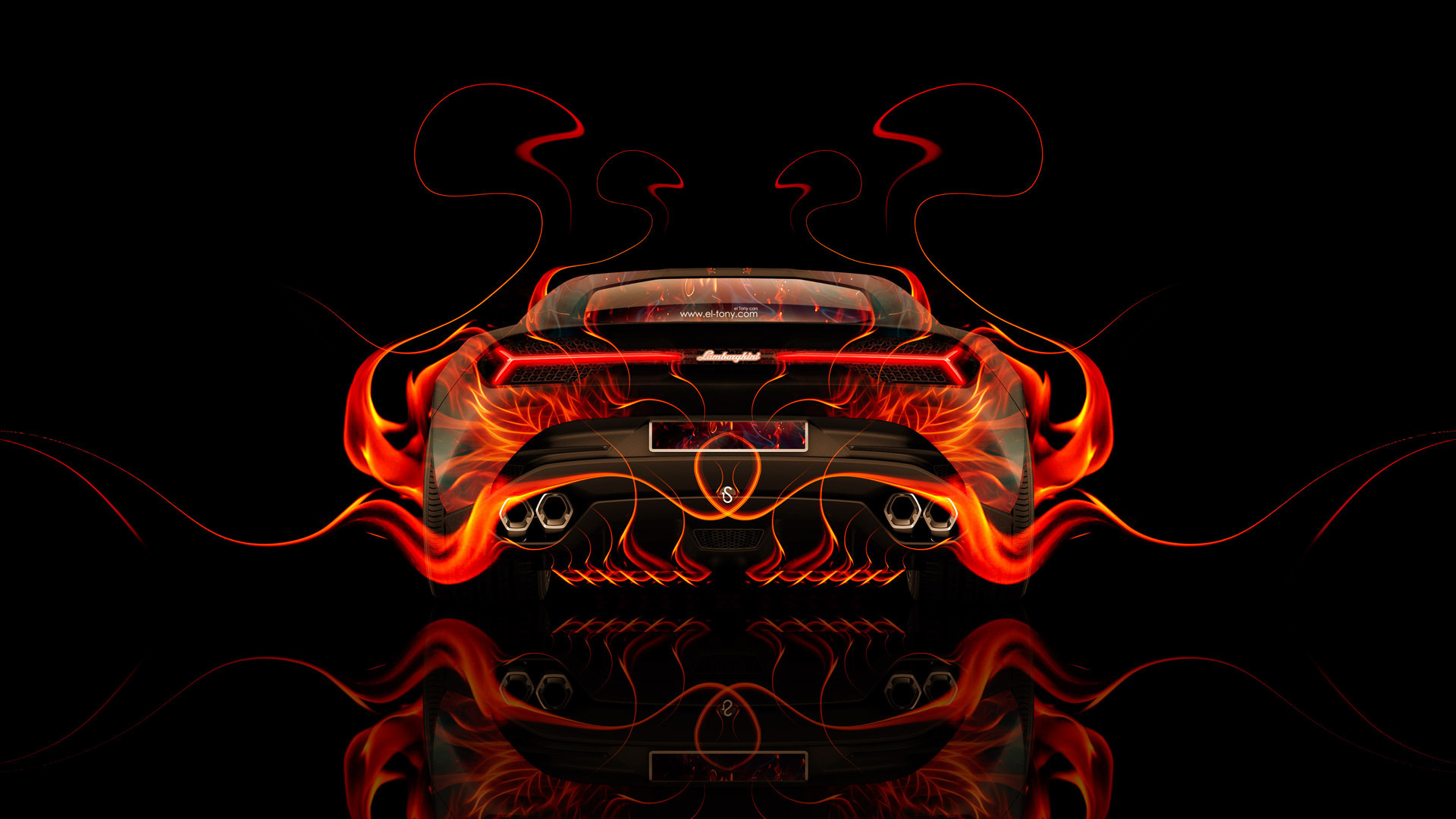 tony kokhan, lamborghini, asterion, supercar, hybrid, back, fire, car, abstract, flame, orange, auto, hd wallpapers, el tony cars, photoshop, design, art, style, black,  , , , ,  , , , , 