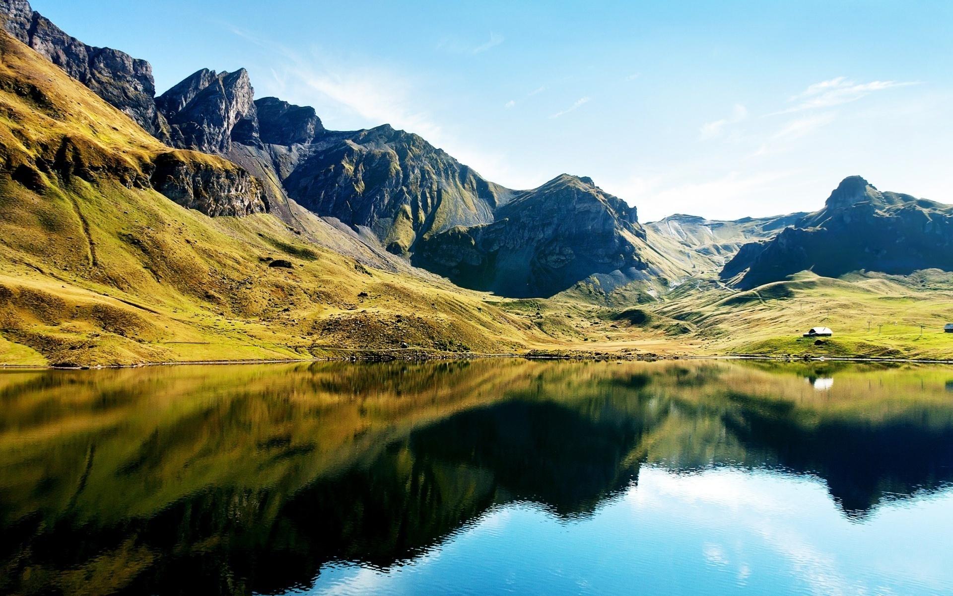 mountain, view, lake, trees, colors