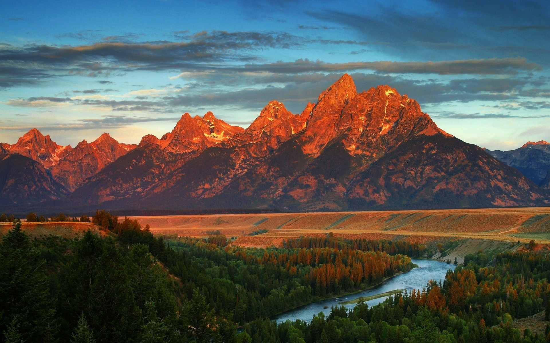 mountain, forest, trees, clouds, river