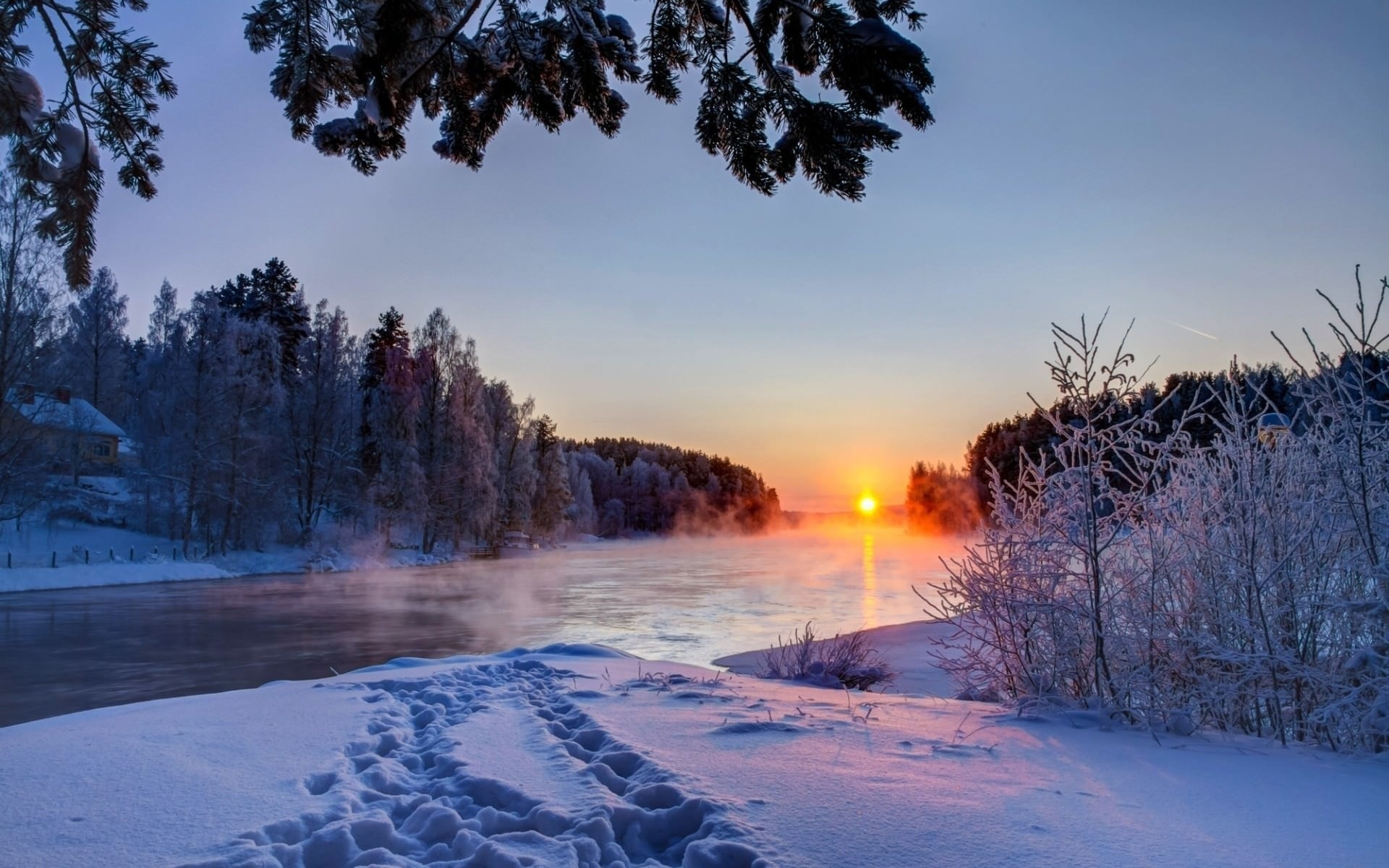 winter, mountain, snow, trees, road, sun, sky, blue