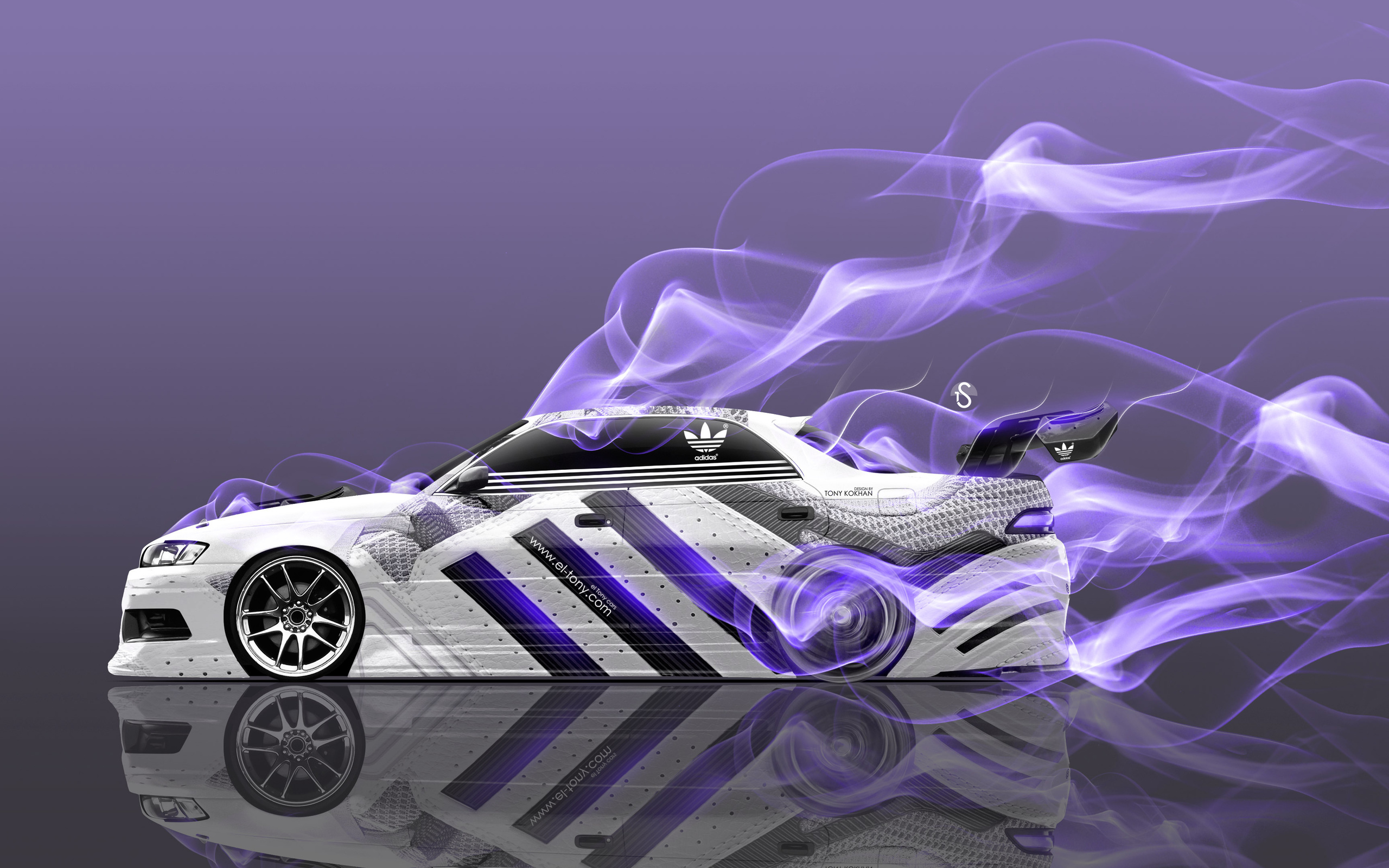 tony kokhan, toyota, mark2, jzx90, jdm, adidas, shoes, logo, tuning, aerography, violet, smoke, drift, car, side, white, el tony cars, photoshop, design, art, style, 4k, wallpapers, japan,  , , , 2,  2, 90 , , 