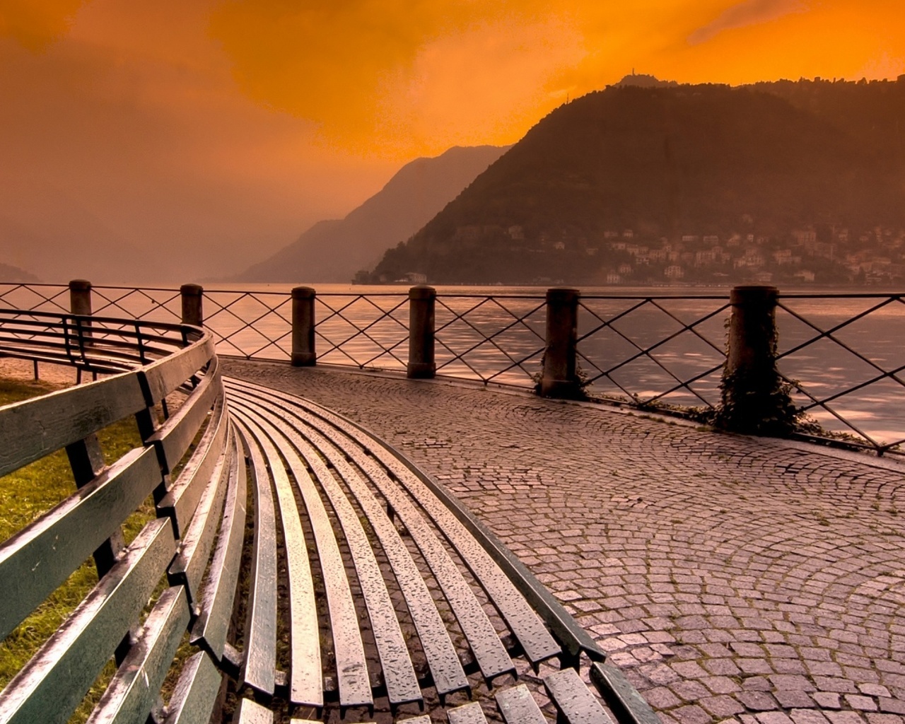 lake, mountain, reflextion, water, sky, blue, bench