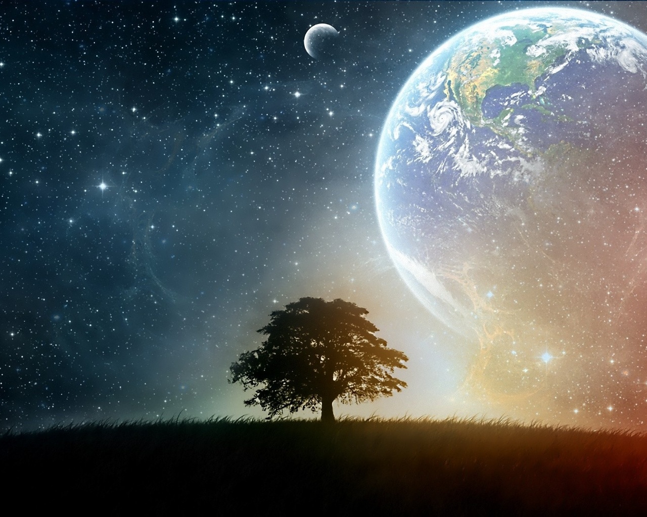 earth, moon, space, tree, stars