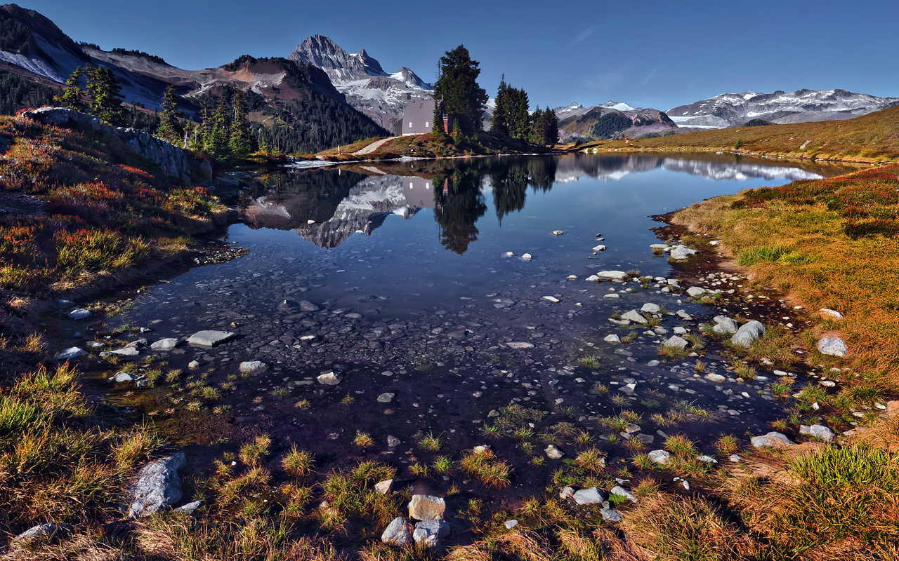 lake, mountain, reflextion, water, sky, blue, cabin