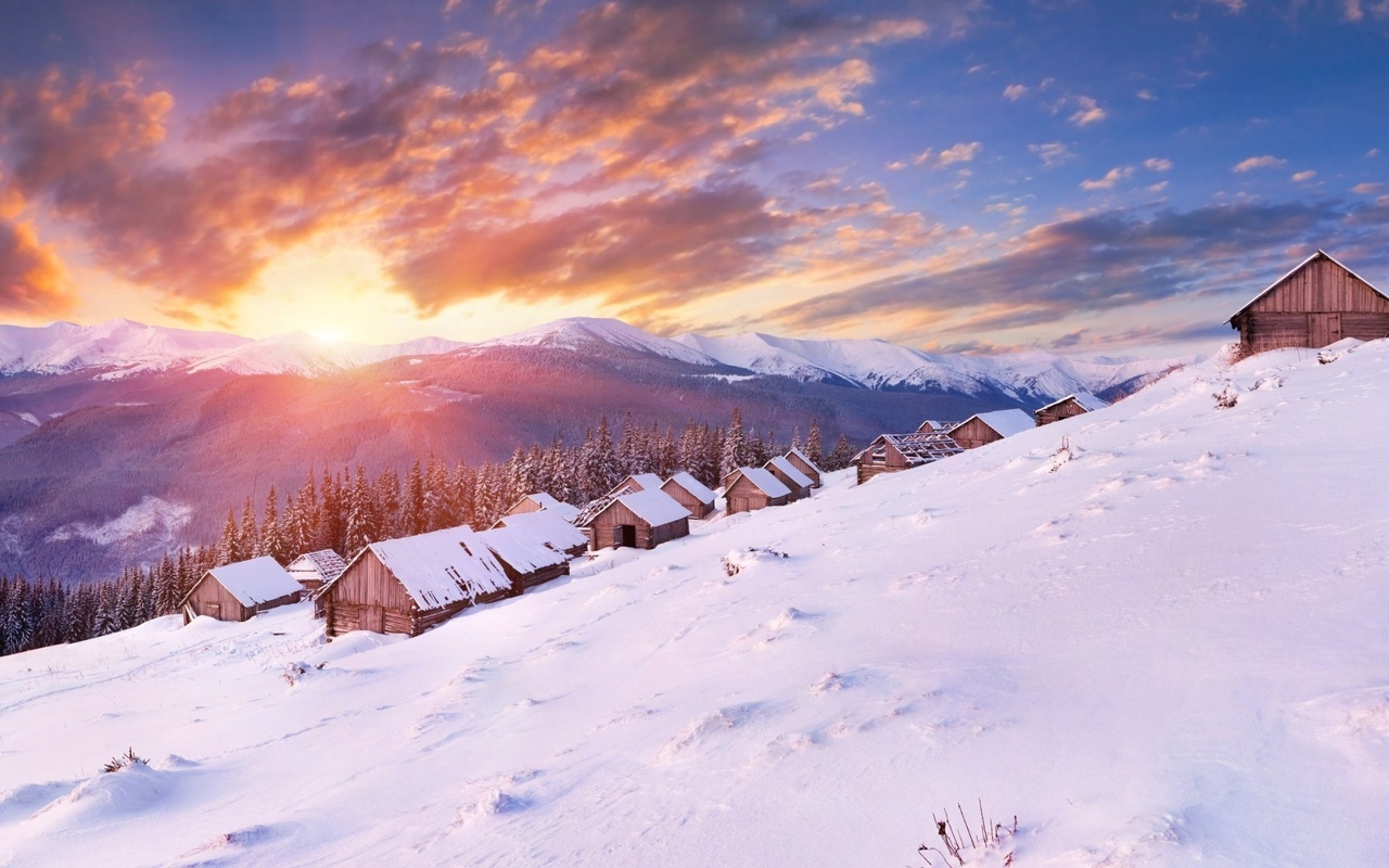 winter, trees, snow, path, mountain, moon, cabin