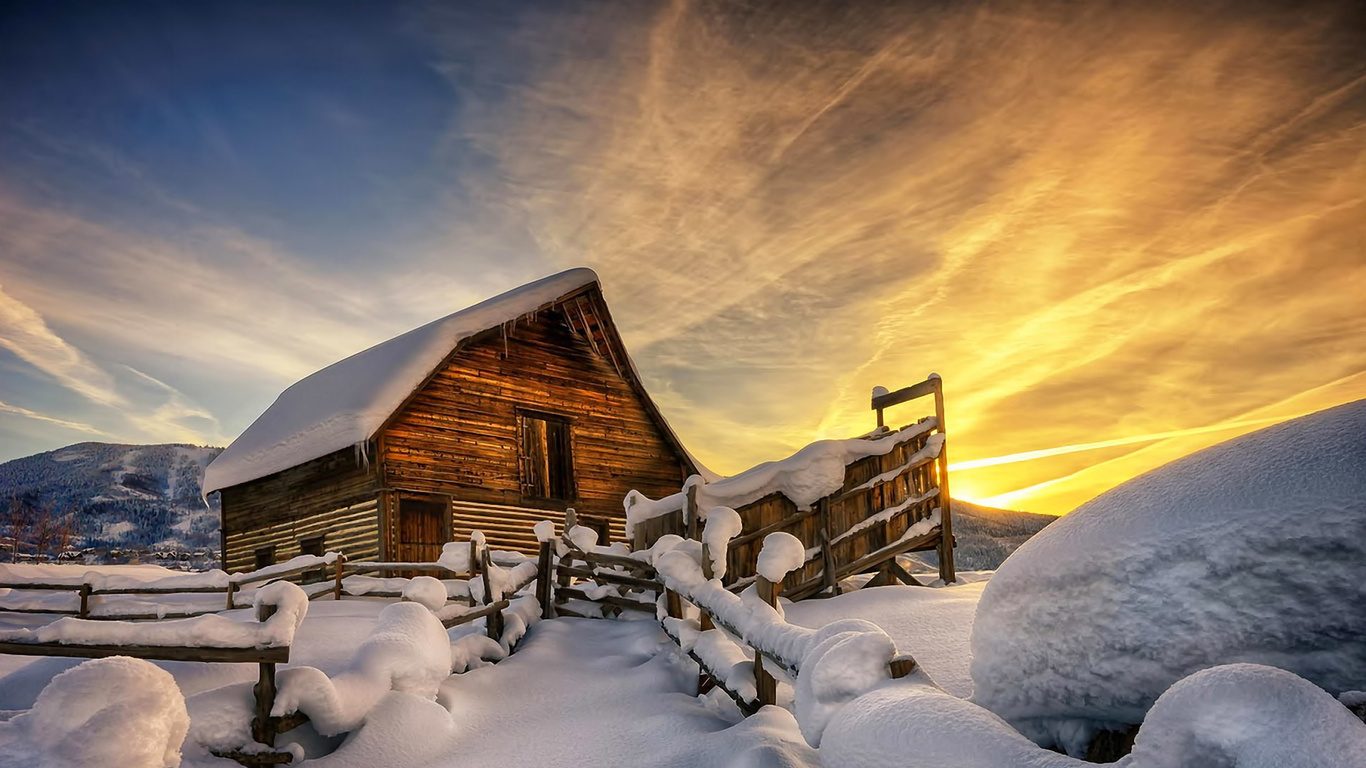 mountain, cabin, wooden, tree, path, sky