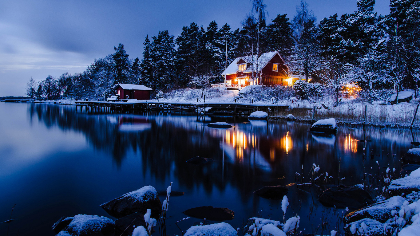 winter, trees, snow, path, mountain, moon, cabin, lake