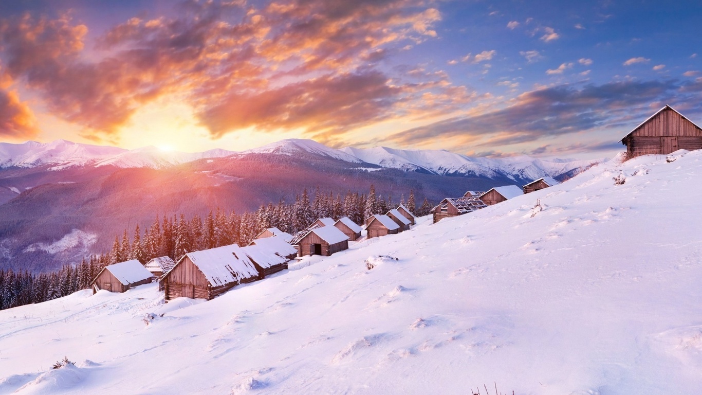 winter, trees, snow, path, mountain, moon, cabin