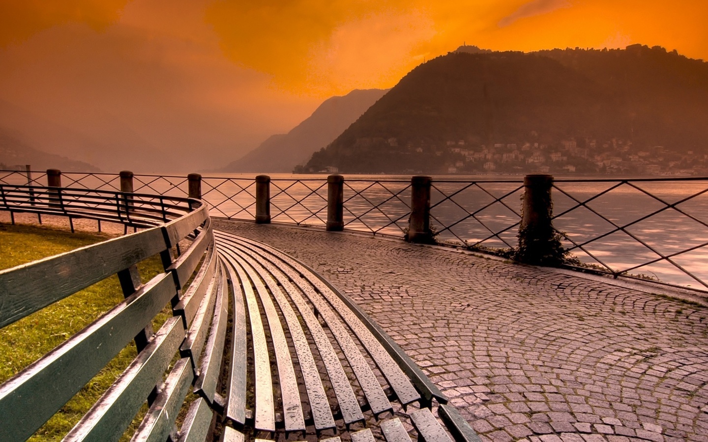 lake, mountain, reflextion, water, sky, blue, bench