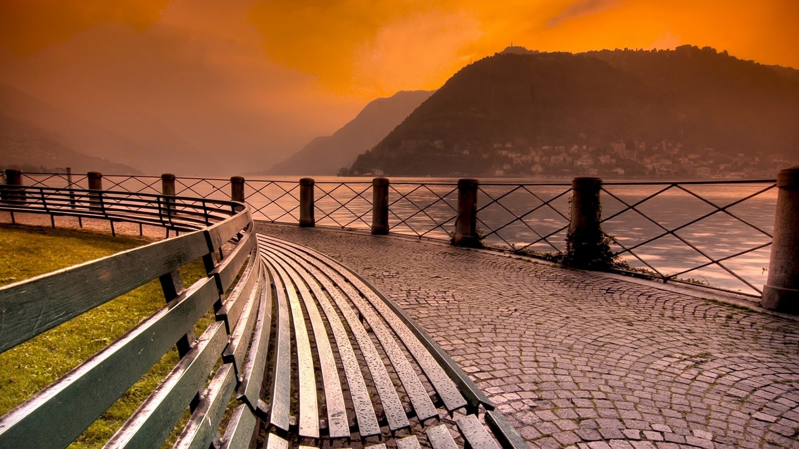 lake, mountain, reflextion, water, sky, blue, bench