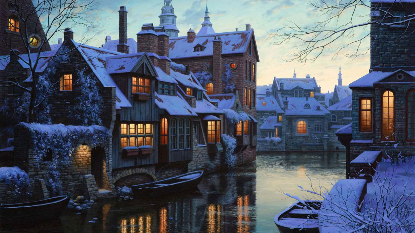 village, river, bridge, winter, houses, snow, tree