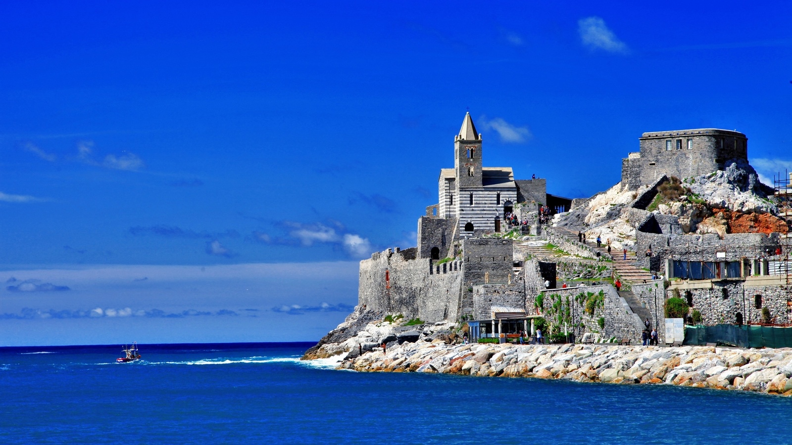 castle, ruins, ocean, water, stairs, blue, sky, ,