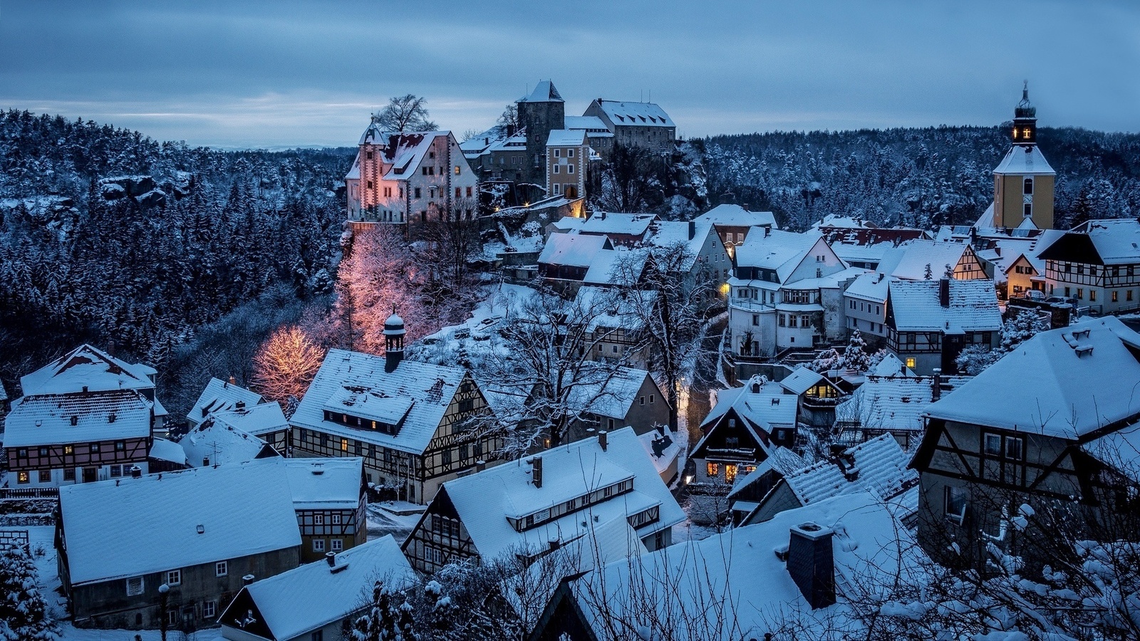 city, night, snow, winter