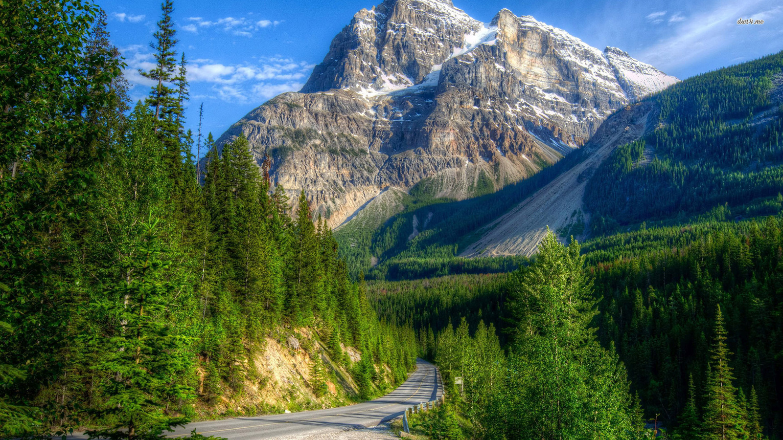 mountain, gree, grass, sky, road, tree