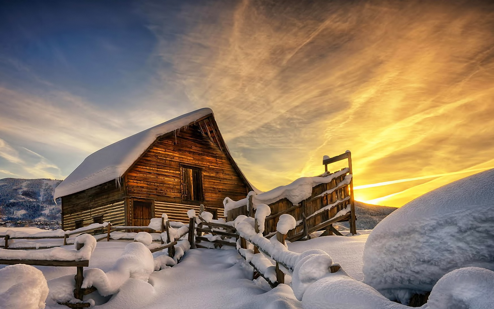 mountain, cabin, wooden, tree, path, sky