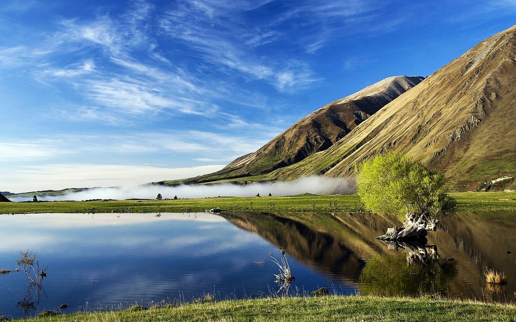 lake, mountain, reflextion, water, sky, blue, bench