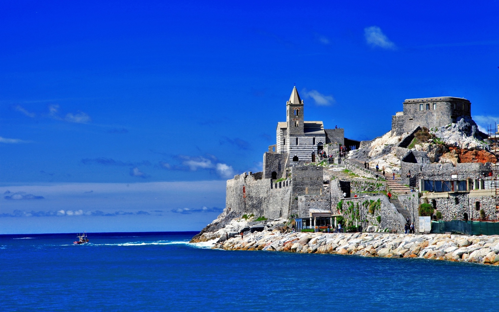 castle, ruins, ocean, water, stairs, blue, sky, ,