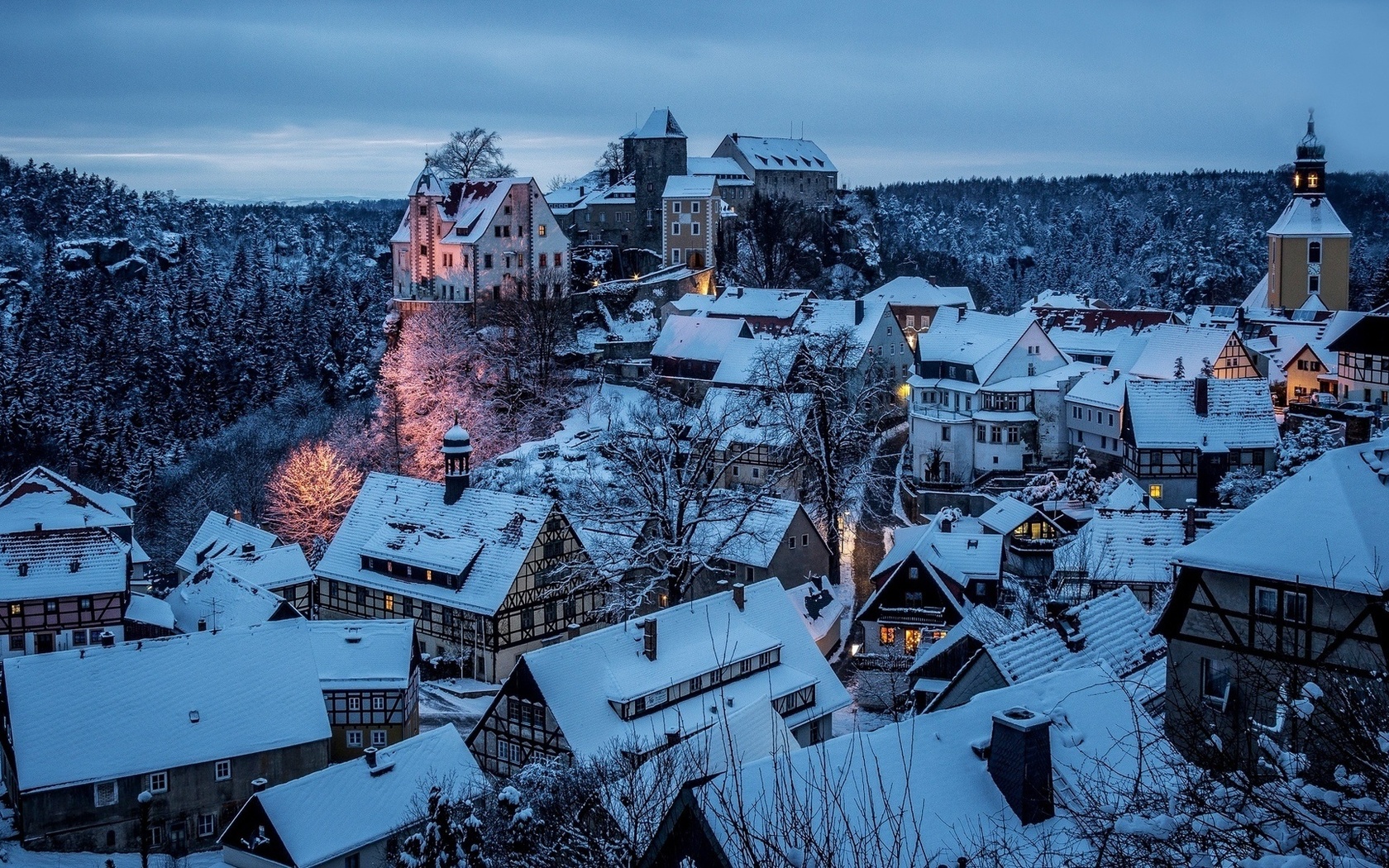 city, night, snow, winter