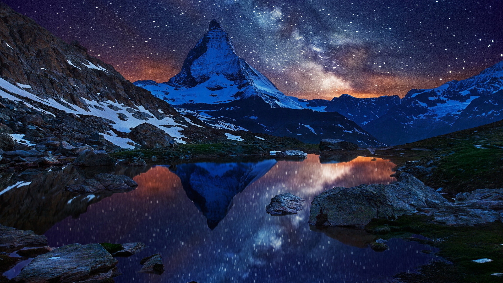 mountain, night, stars, lake, blue, sky