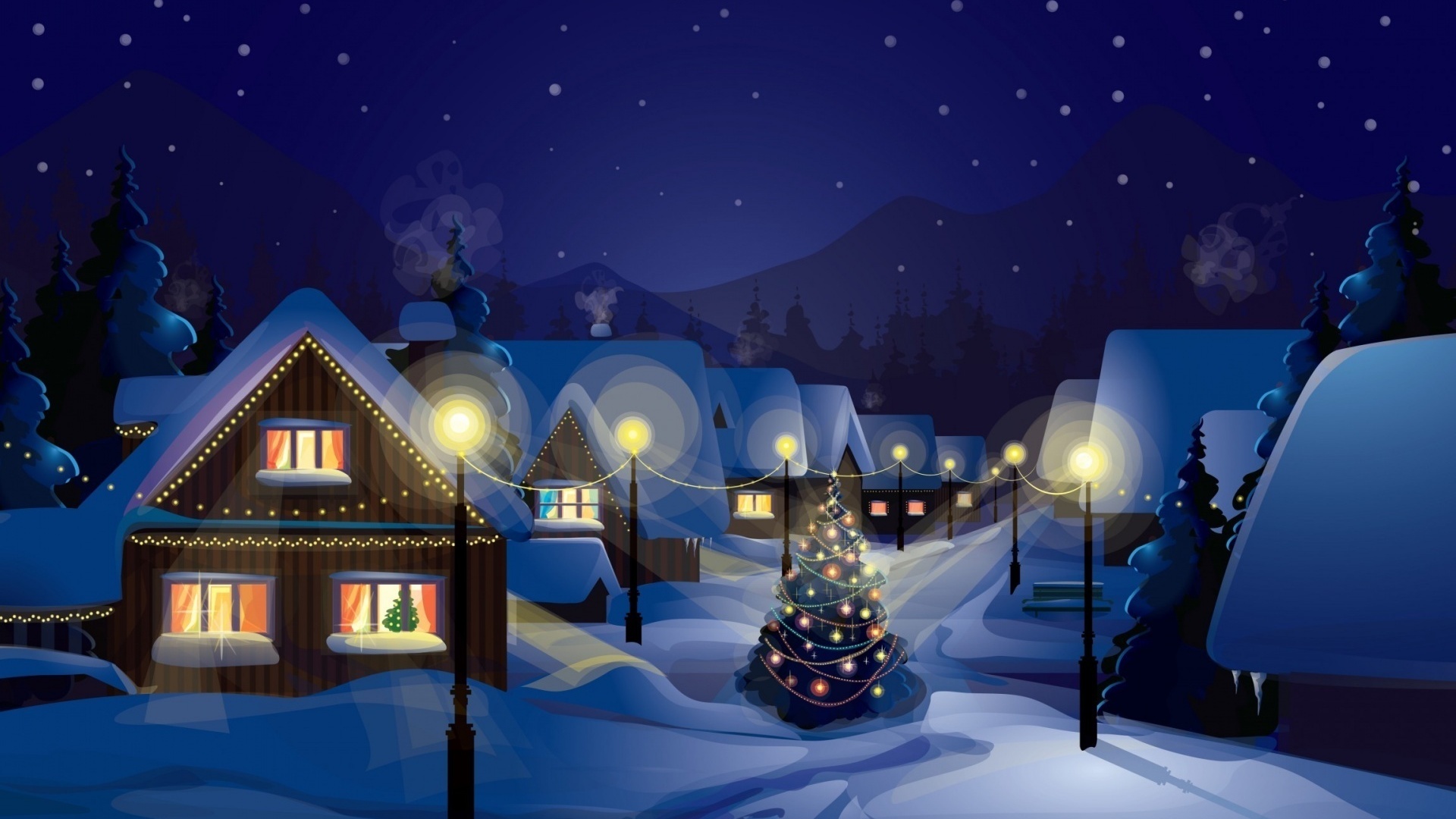 christmas, light, city, winter, village, snow