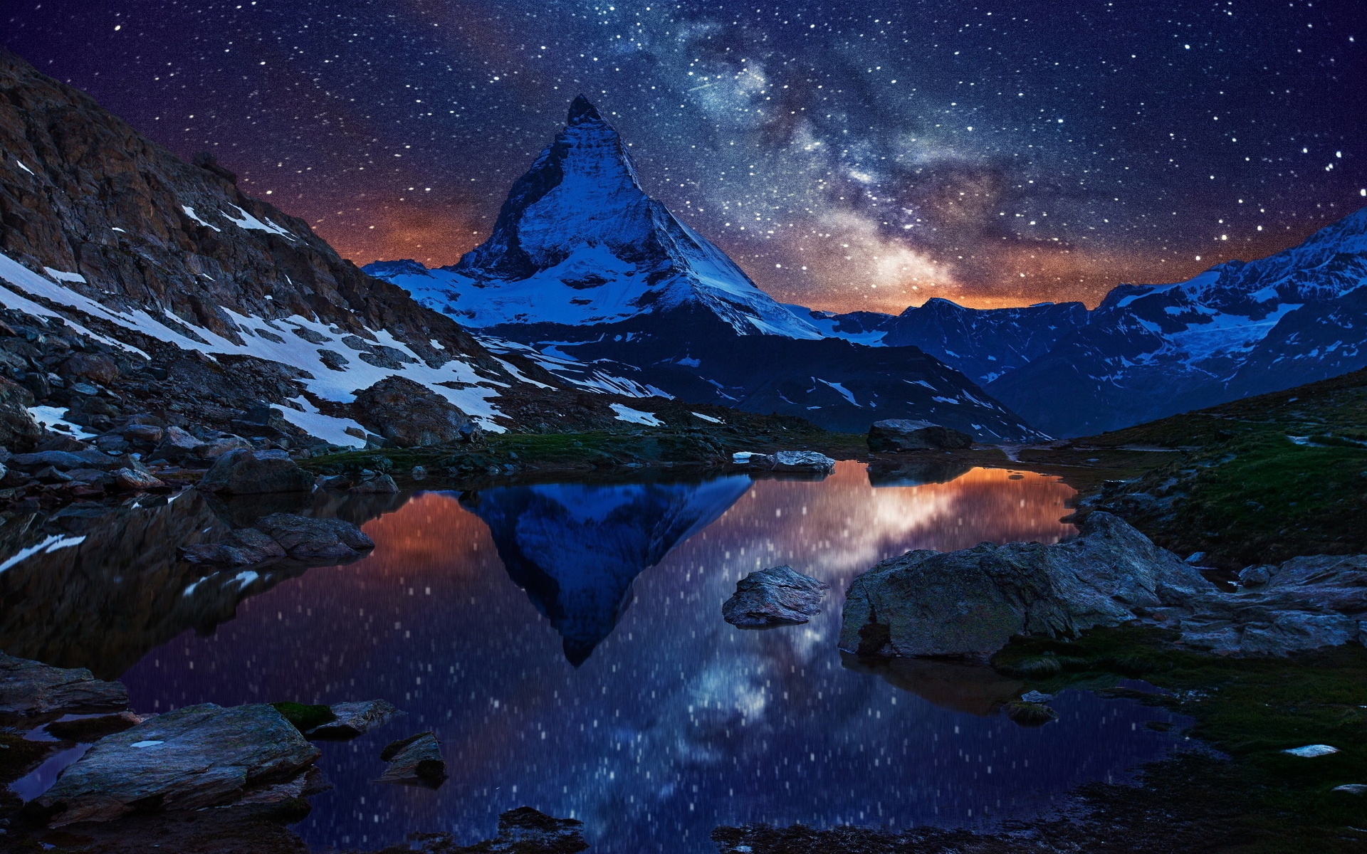 mountain, night, stars, lake, blue, sky