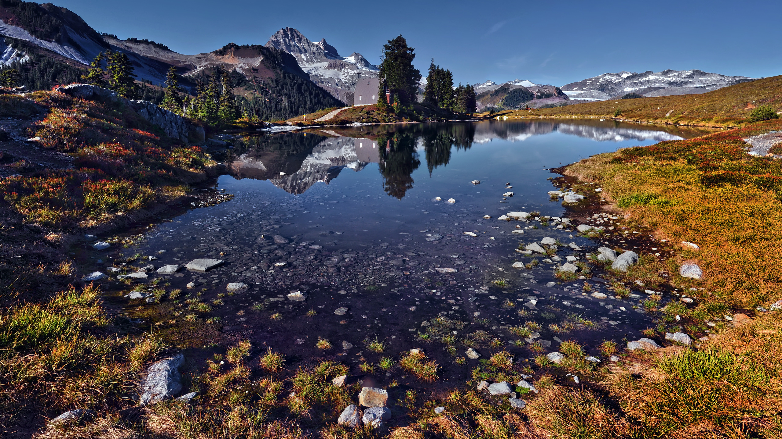 lake, mountain, reflextion, water, sky, blue, cabin