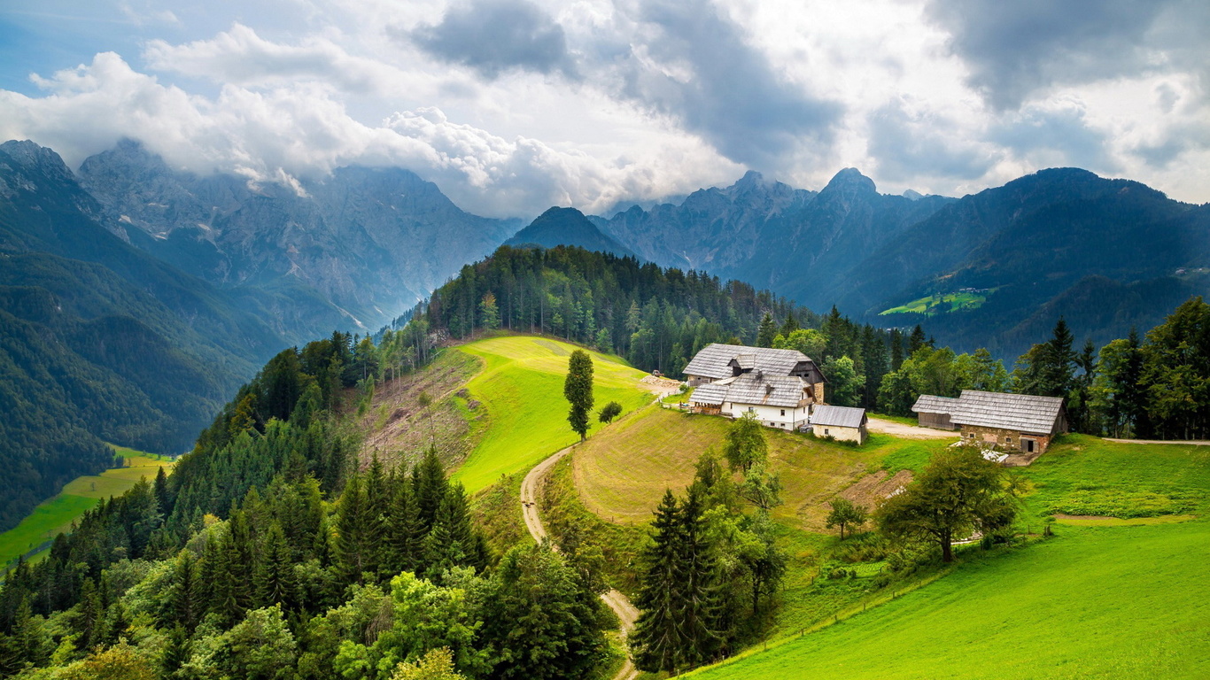 mountain, gree, grass, sky, road, tree, cottage