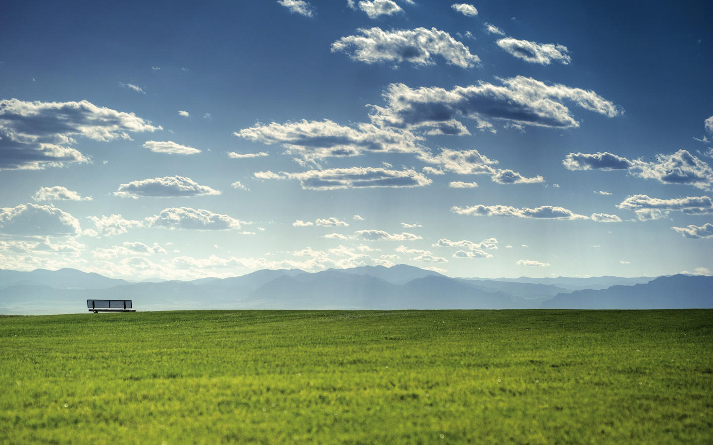 bench, fields, grass, green, mountain, hills, sky