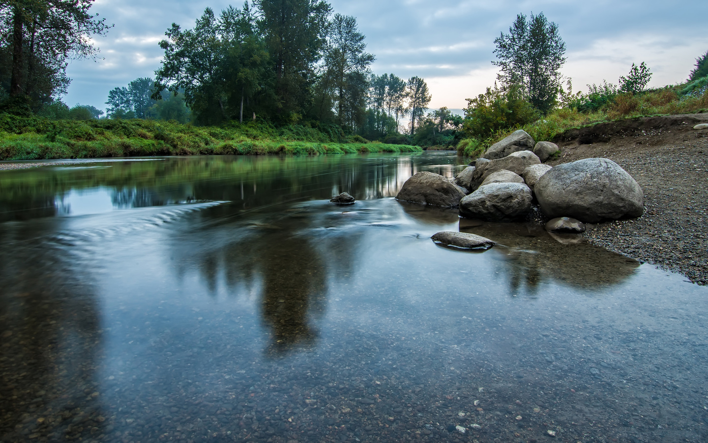 river, mountain, rock, grass, water, tree