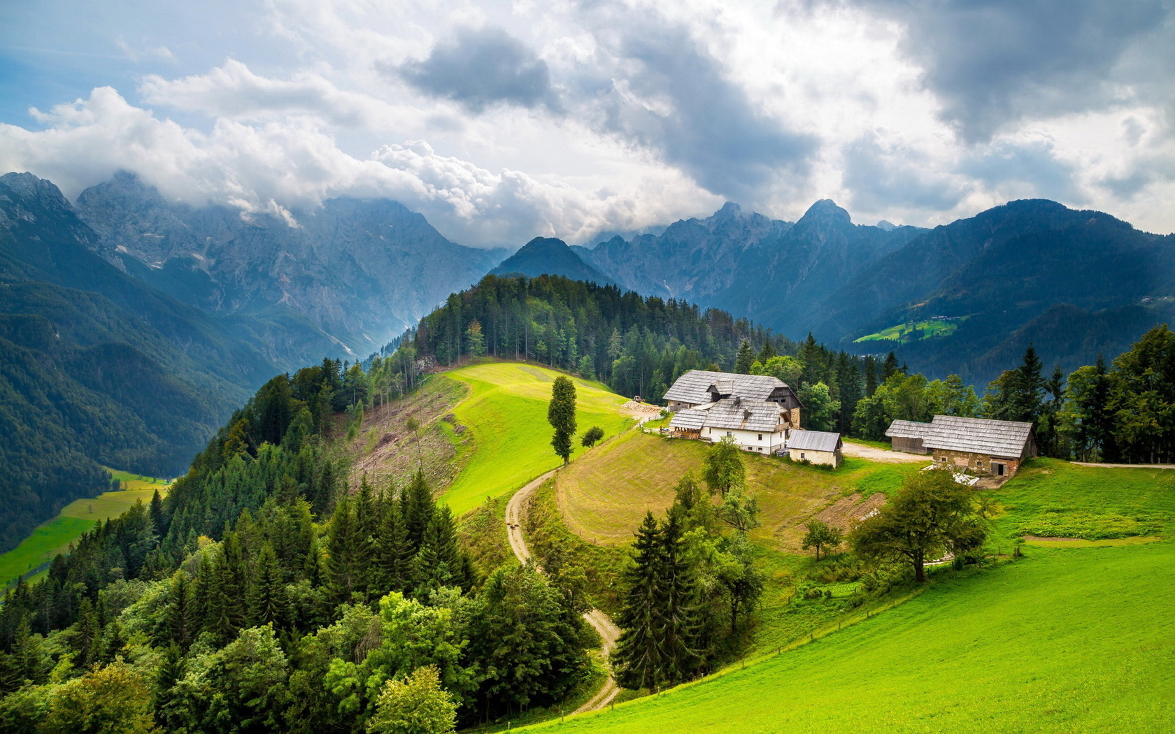 mountain, gree, grass, sky, road, tree, cottage