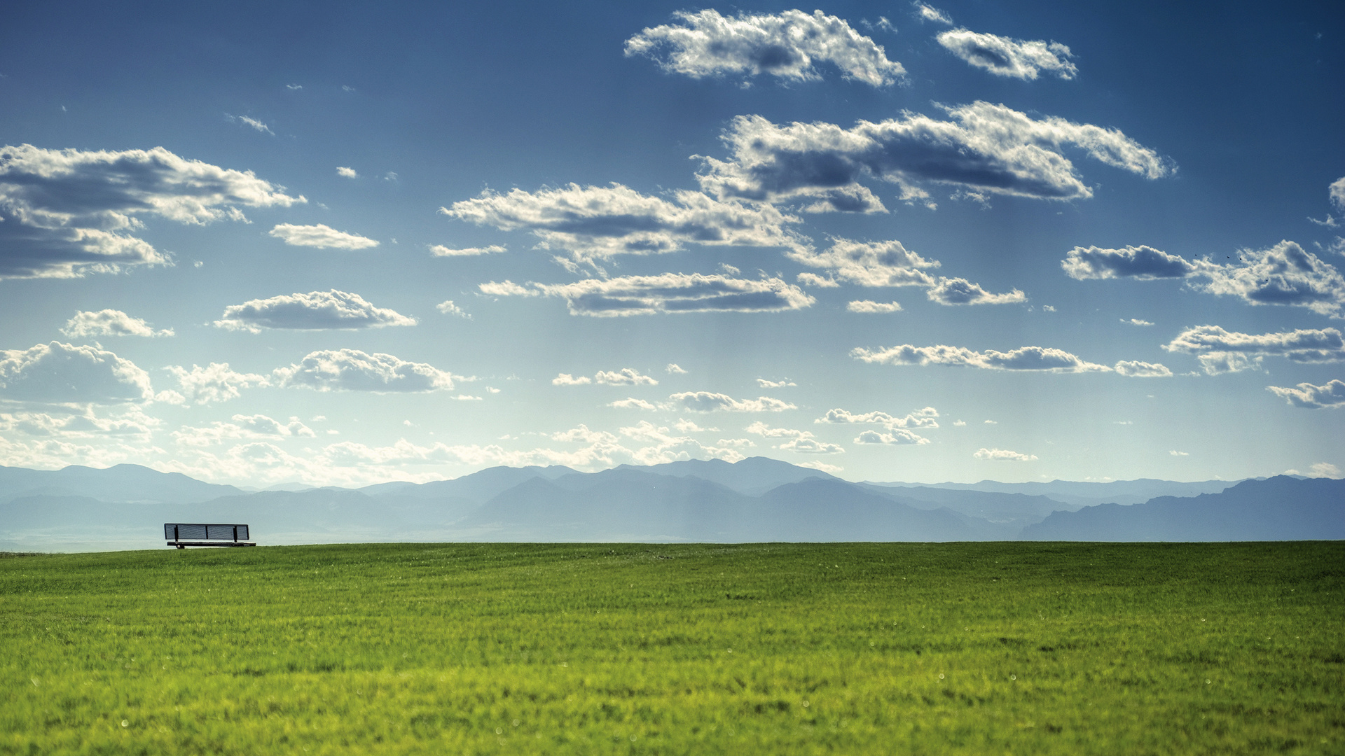 bench, fields, grass, green, mountain, hills, sky