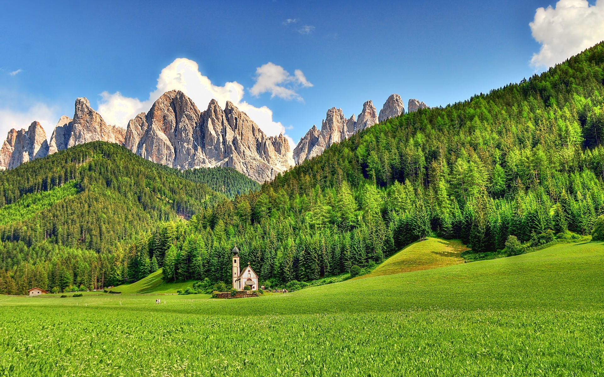 mountain, gree, grass, sky, road, tree