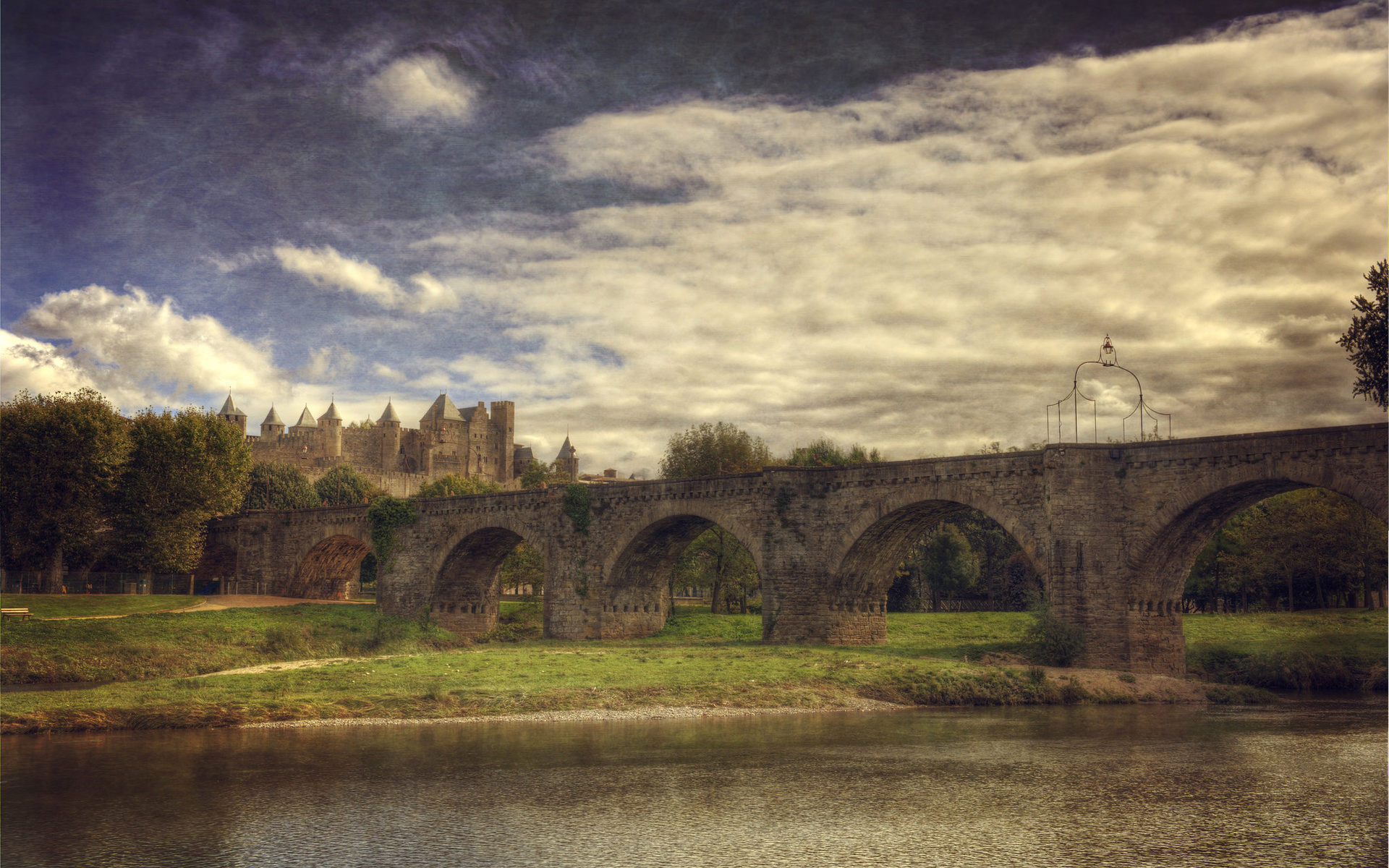 bridge, road, mountain, river, city