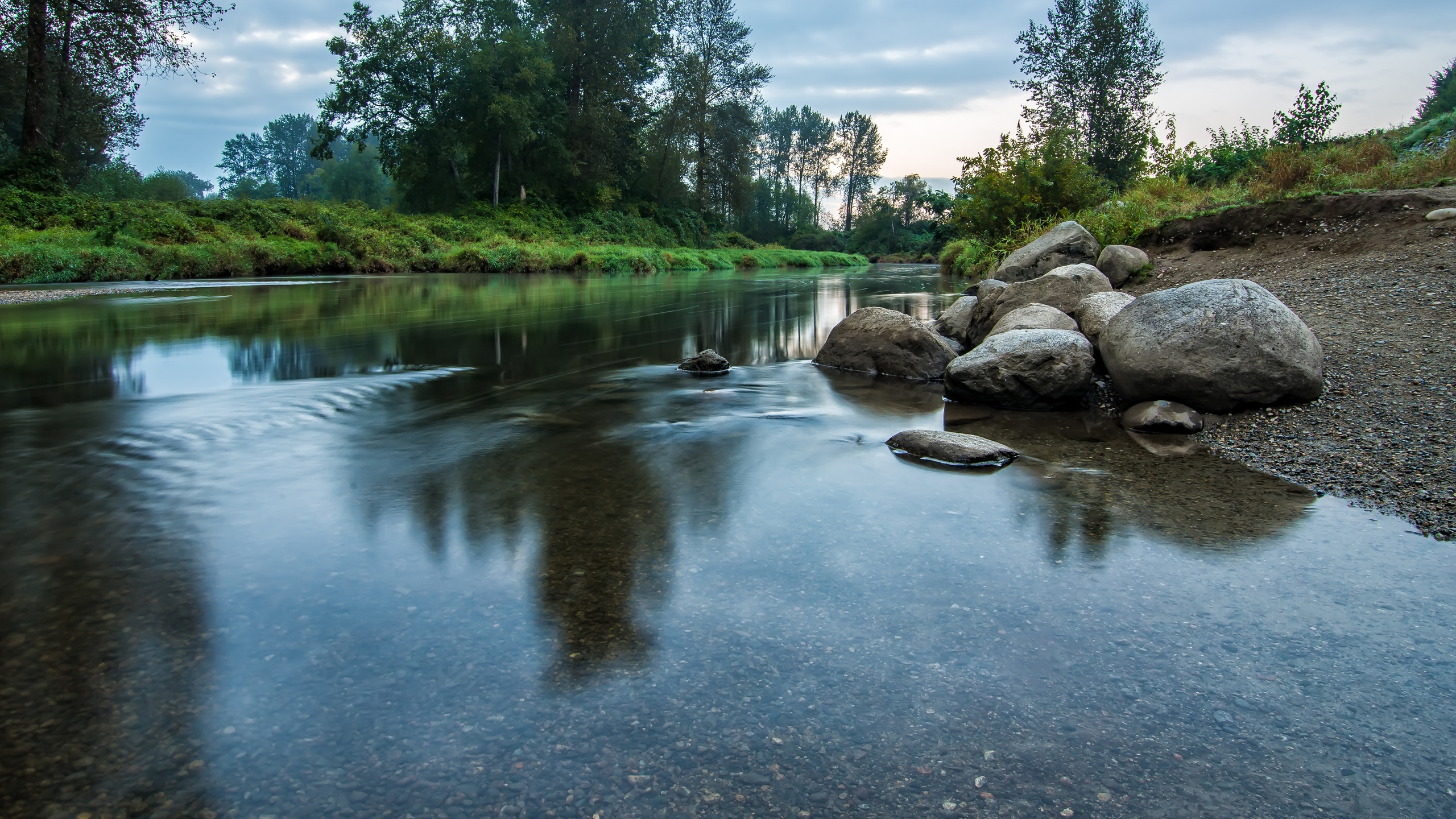 river, mountain, rock, grass, water, tree