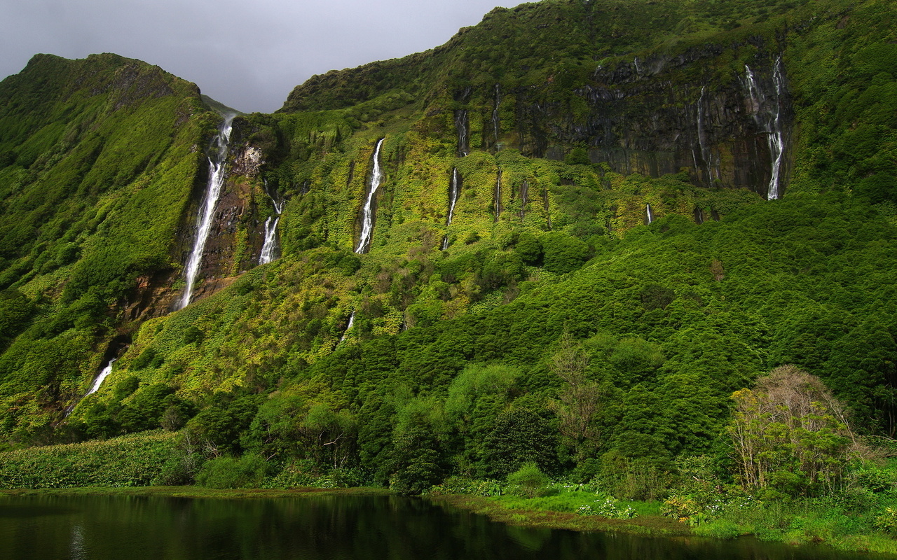 mountain, waterfall, tree, water, green