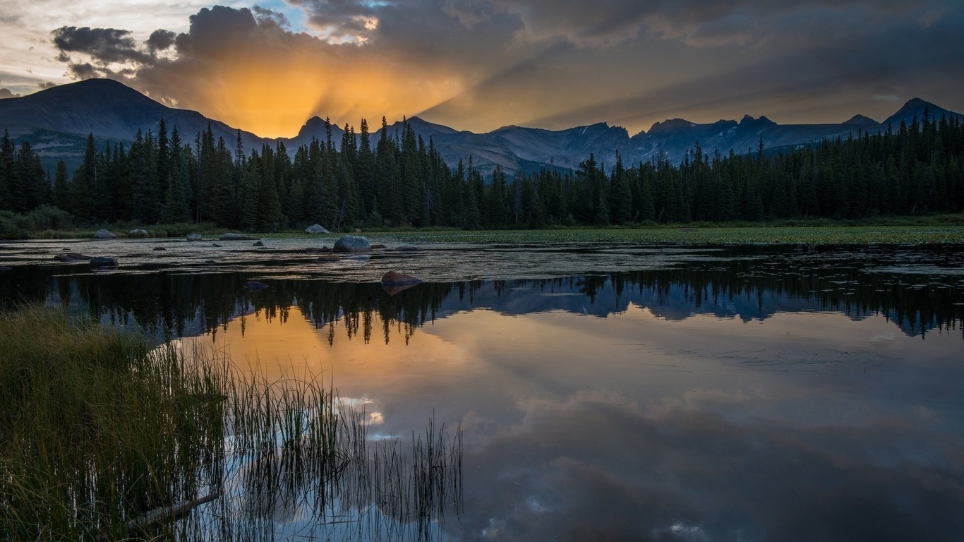 sunrise, mountain, lake, sky