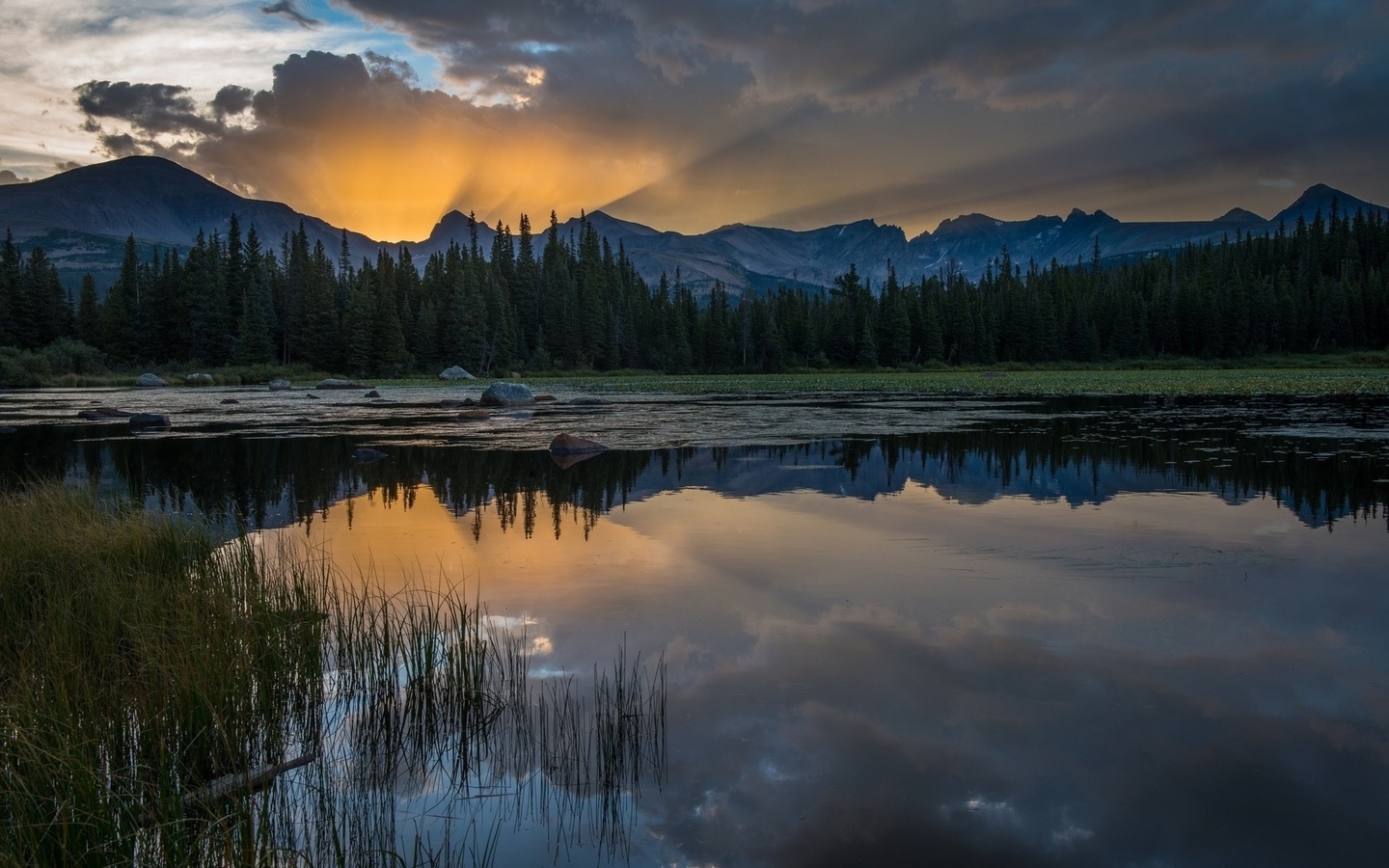 sunrise, mountain, lake, sky