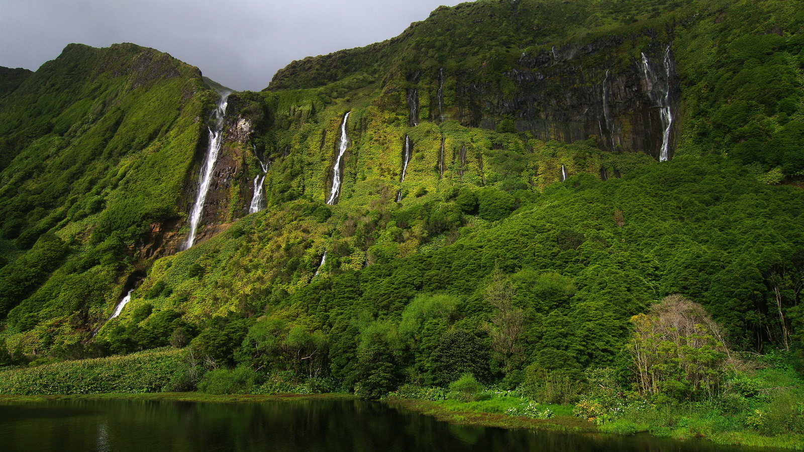 mountain, waterfall, tree, water, green