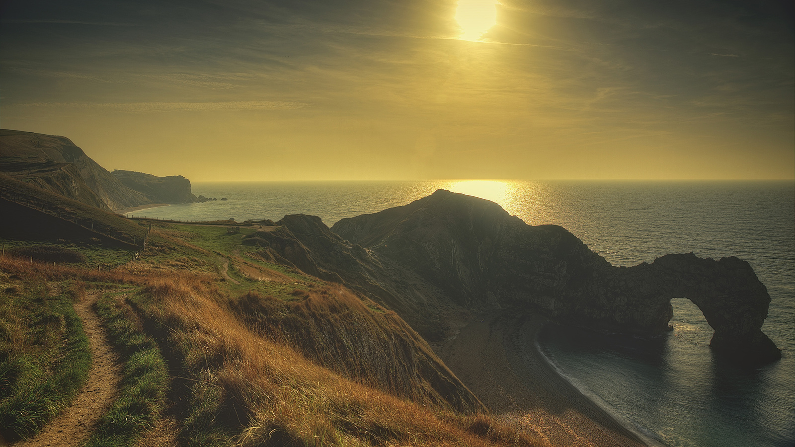 sun, ocean, clouds, sea, rocks, hills