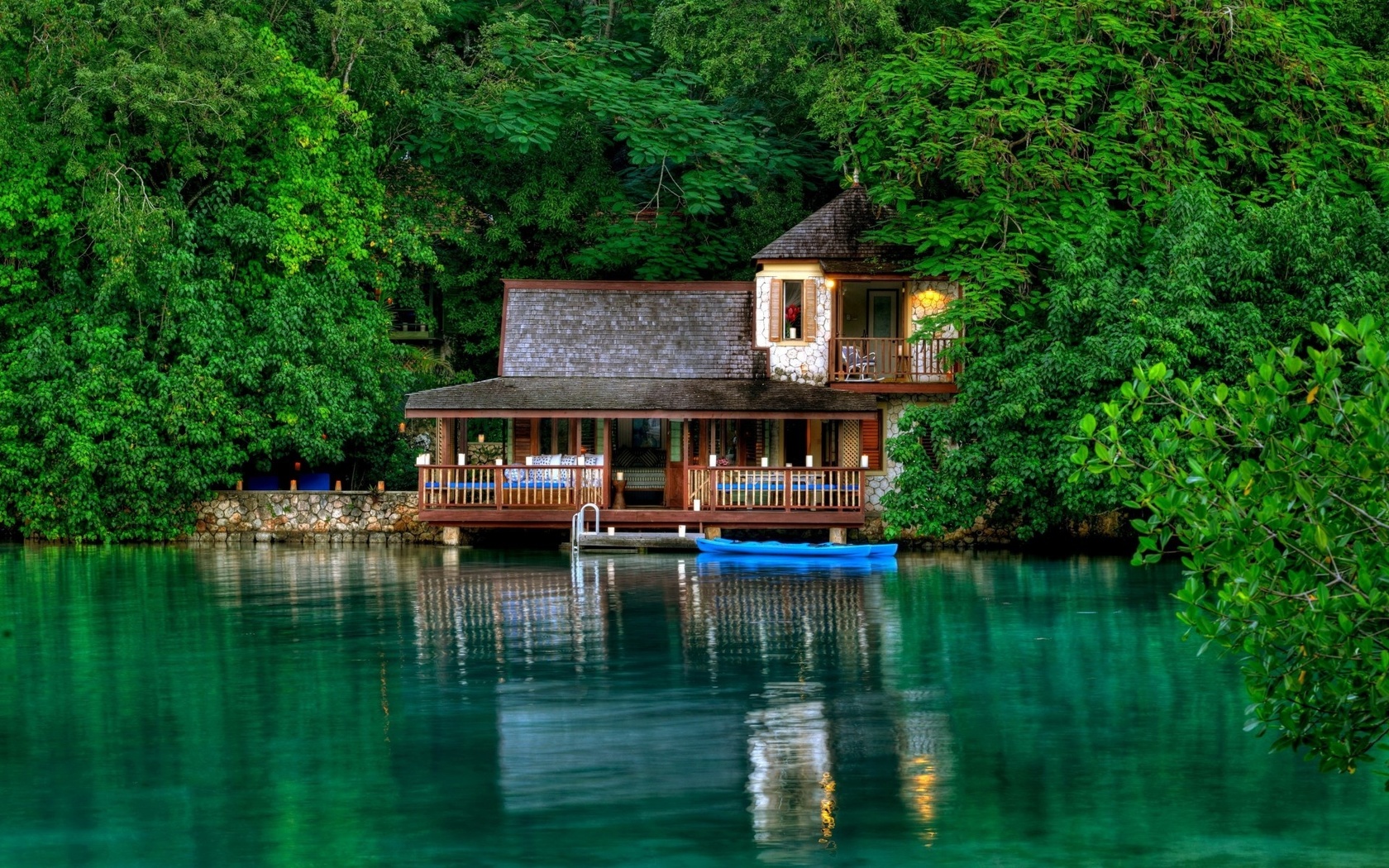 lake, mountain, water, grass, house, tree