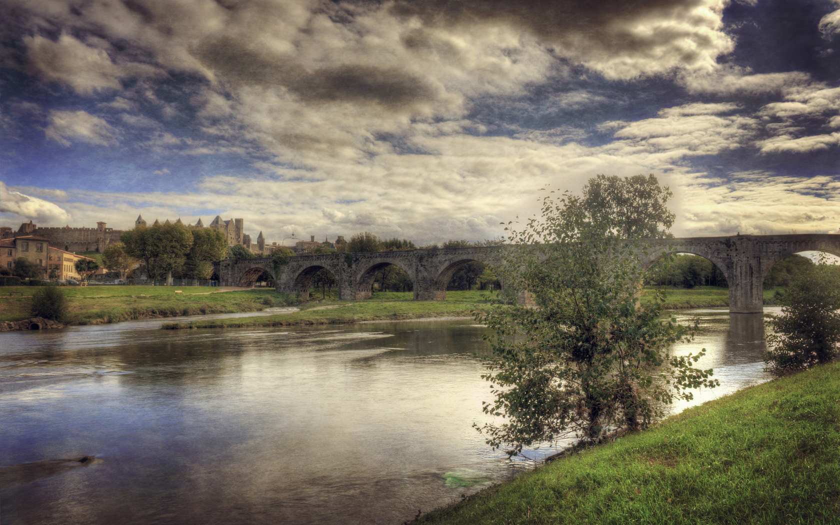 river, building, houses, water, tree