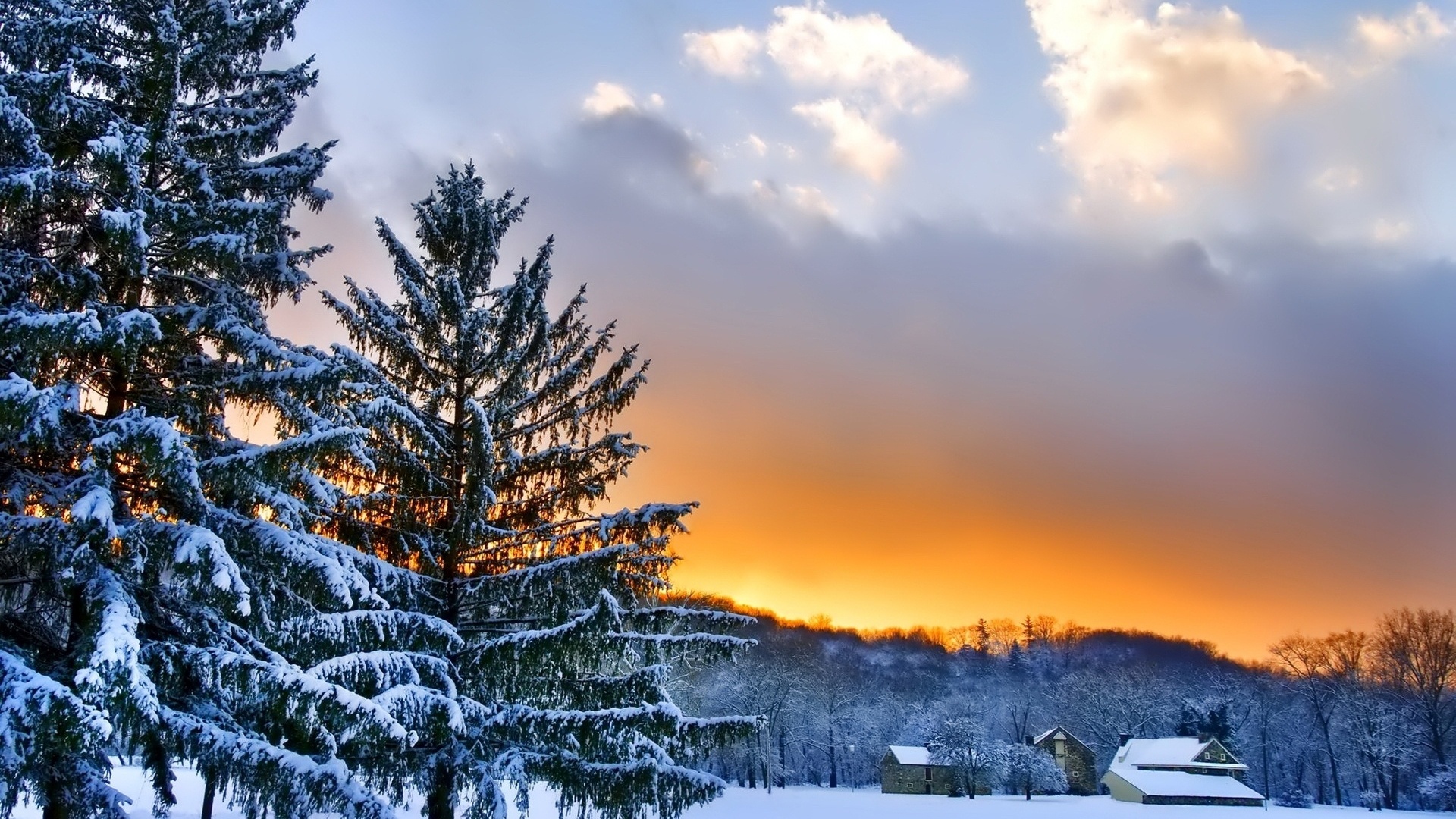 Картинки winter, snow, mountain, cottage, tree, зима, снег, горы, голубой,  синий, лес, деревья, природа, берег, атмосфера - обои 1920x1080, картинка  №129446