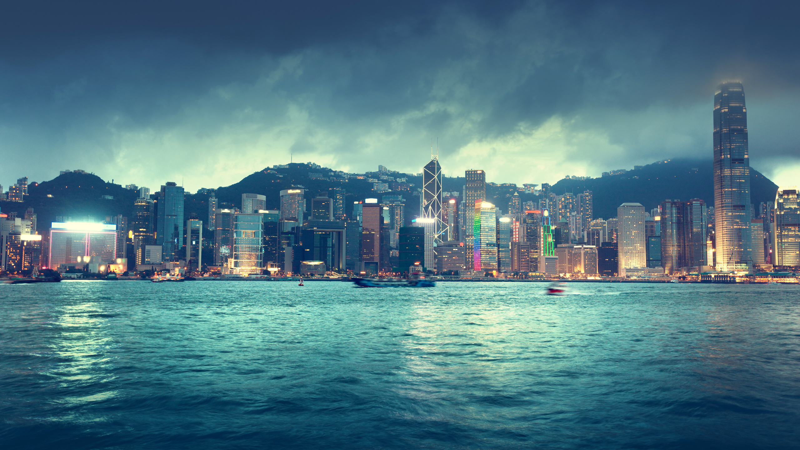 hong kong, china, city, skyline, sea, river, ships, buildings, sky, clouds, night, lights, , , , , , , , , , , , , beautiful, landscape, , 