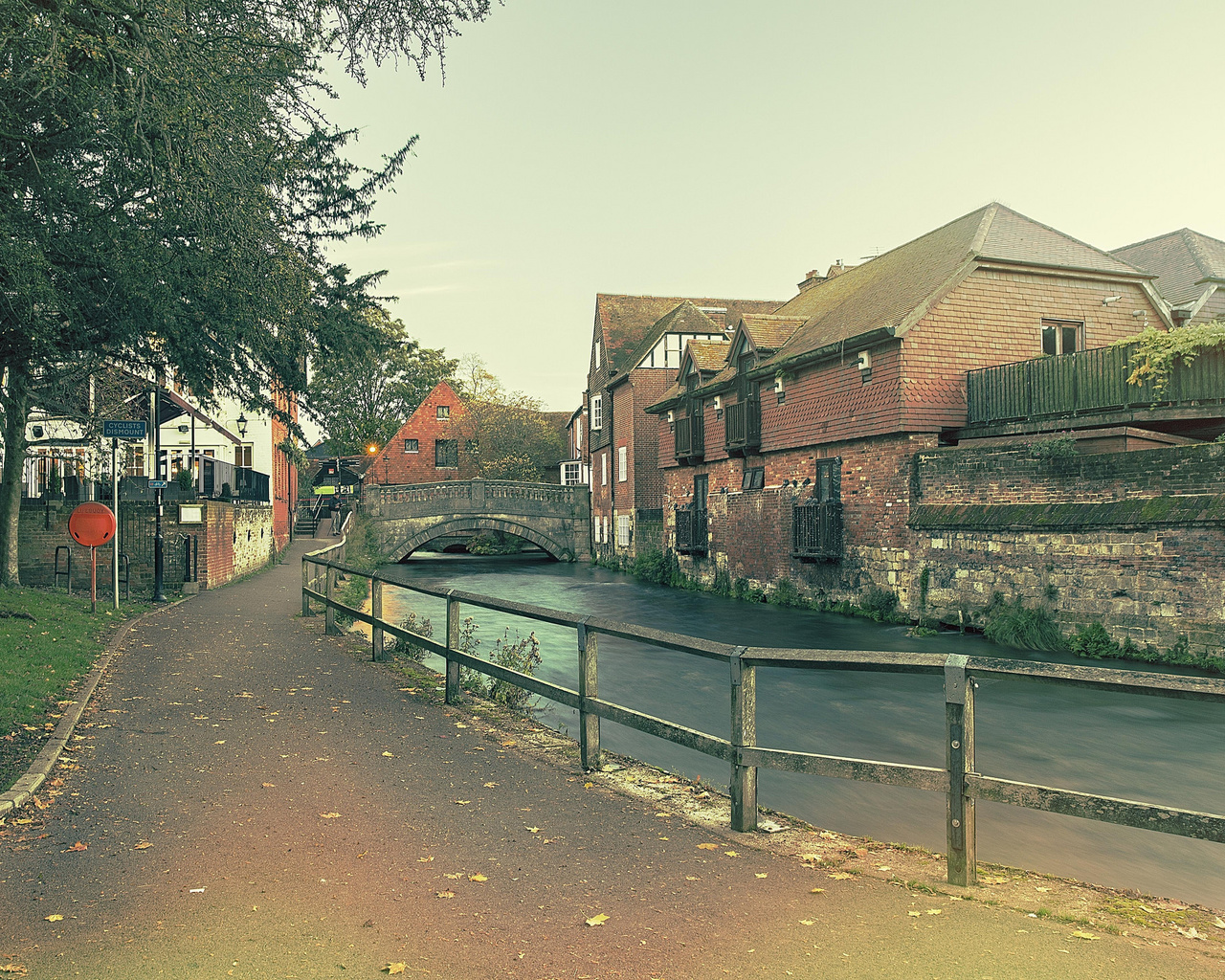 river, houses, tree, park, bench, water, autumn